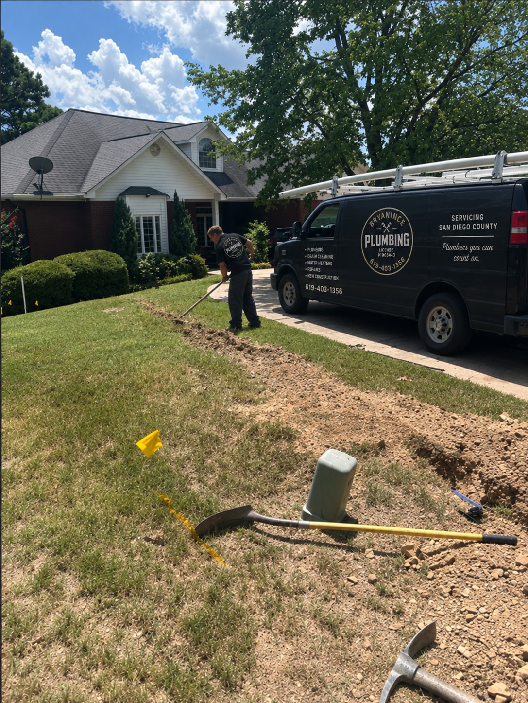 Bryan Ince Plumbing service van on a residential job site in San Diego County